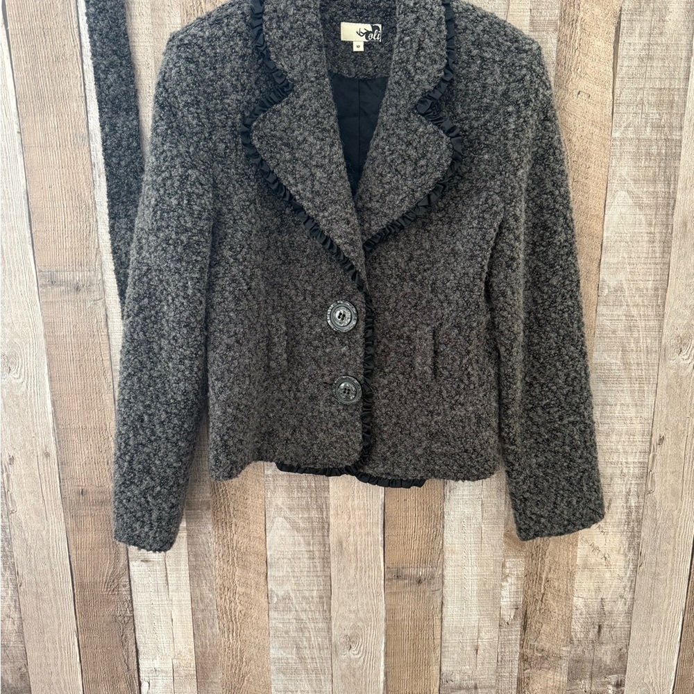 Vintage Bouclé Wool Blend Jacket | Ruffled Trim | Belted Waist | Made in Canada